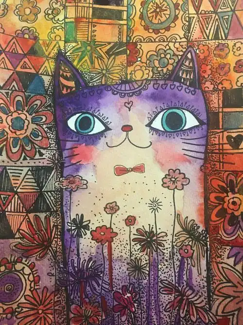 儿童画线描装饰画创意黑白猫小丑轮滑鞋写生盆栽静物