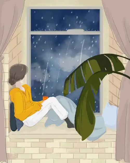 原创插画飘窗看细雨
