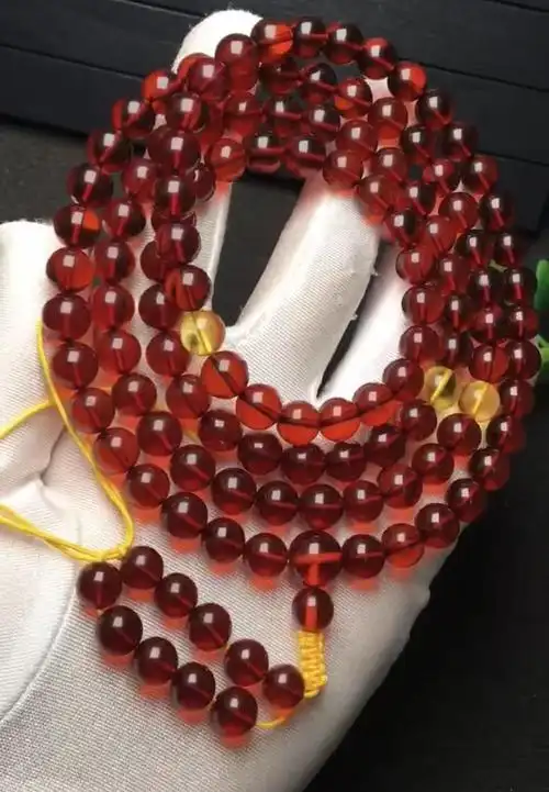 天然血珀108佛珠多圈手链酒红色 可用于彩宝类各种diy搭配