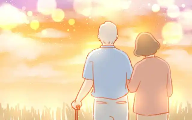 卡通手绘夕阳红老年夫妇七夕情人节原创插画海报