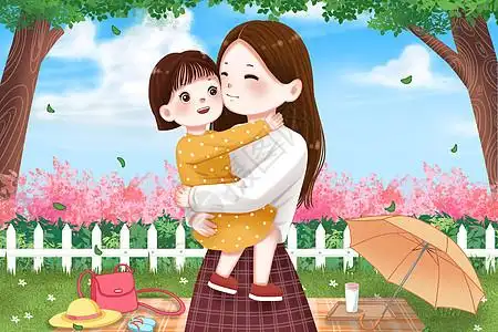 草地上的妈妈插画_草地上的妈妈卡通_草地上的妈妈插图_手绘_板绘_摄