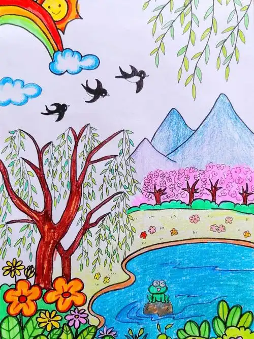 春天主题儿童画春暖花开燕子归来有线稿