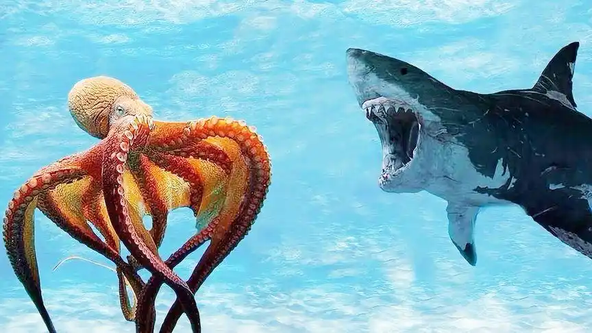 巨型章鱼捕食鲨鱼全过程,海底霸王被活活吞噬!镜头拍下吞噬全程