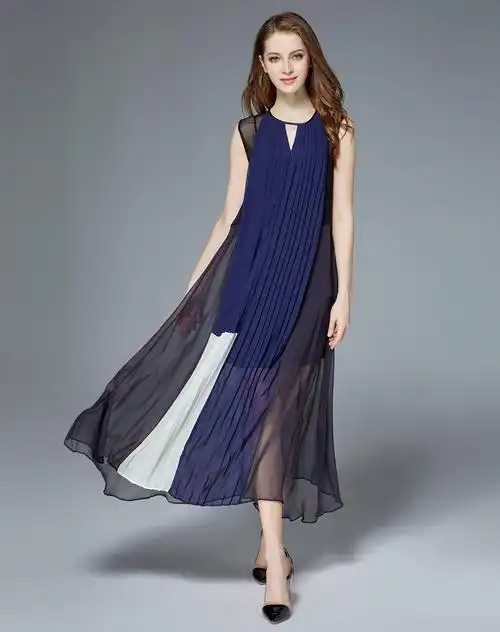 蓝黑色无袖圆领优雅修身高端气质真丝连衣裙
