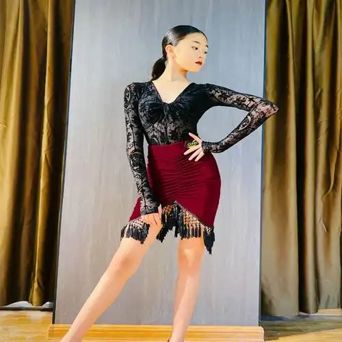 新款拉丁舞服套装长袖女儿童闪电客网红舞蹈练功裙子比赛表演出服