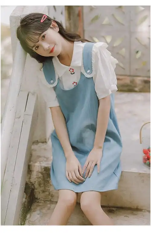 妙亦沙夏天女生牛仔背带裙子套装少女夏装2022新款初中高中学生甜美