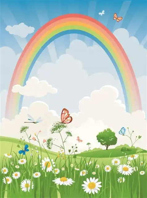 卡通天空彩虹花草背景图