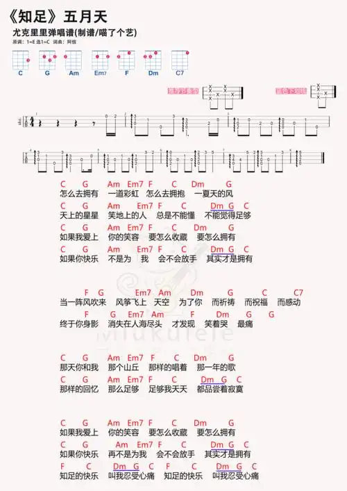 知足尤克里里谱_c调弹唱谱_五月天_尤克里里弹唱视频_原版尤克里里谱_