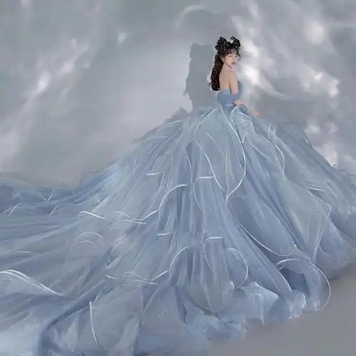 新款影楼拍照韩版主题服装在逃公主蓝色写真摄影婚纱长拖尾礼服