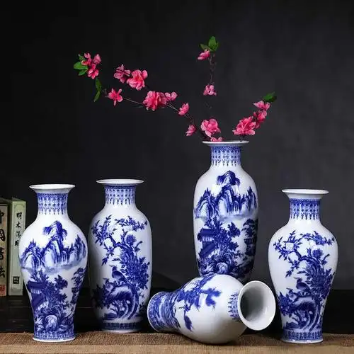 中式陶瓷青花瓷插花装饰品礼品古典瓷器家居时尚官窑工艺品花瓶青花瓷
