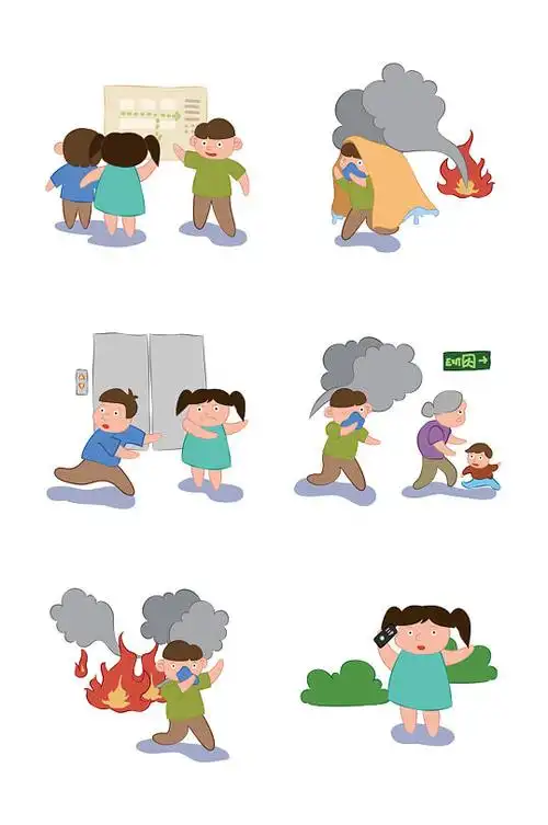 简约卡通消防安全宣传场景漫画矢量元素