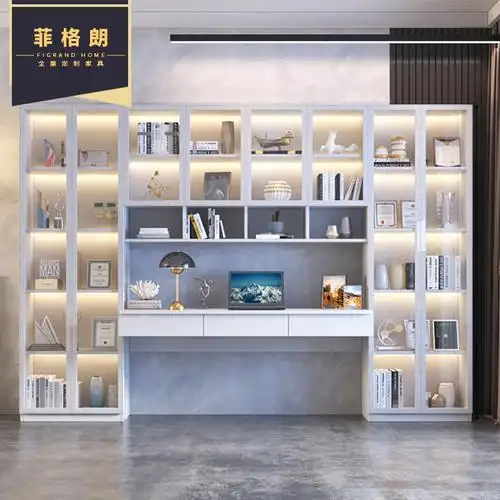 书柜书桌一体整墙现代轻奢家用电脑桌带书架组合学习桌定制写字桌