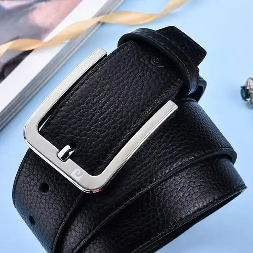 皮尔卡丹男士经典时尚商务百搭针扣牛皮腰带黑色