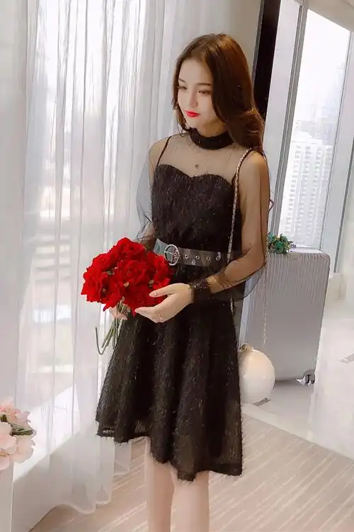 春季新款韩版网纱透视抹胸亮丝连衣裙女灯笼袖收腰a字裙