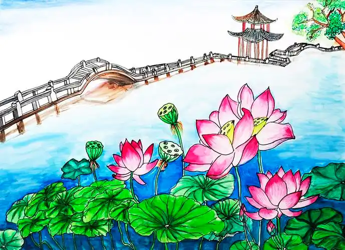 儿童画金奖作品接天莲叶映日荷优秀儿童画