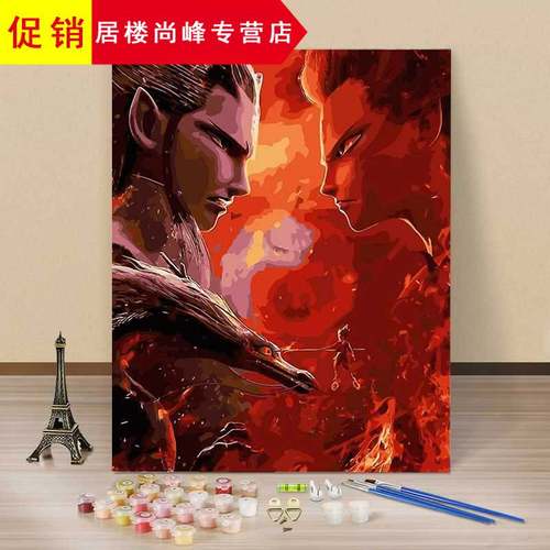 敖丙画敖丙填色客厅手工手绘油画半面妆数码人物动漫哪吒数字diy