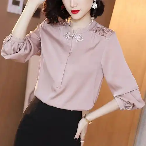 真丝衬衫女2020秋装韩版新款立领刺绣长袖上衣桑蚕丝洋气时尚衬衣