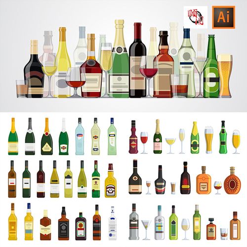 红酒白酒葡萄酒玻璃瓶子图标插画ai矢量设计素材