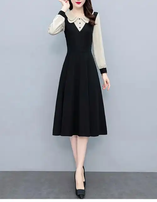 假两件套名媛风大码女装胖mm修身显瘦中长款春秋新款长袖连衣裙子