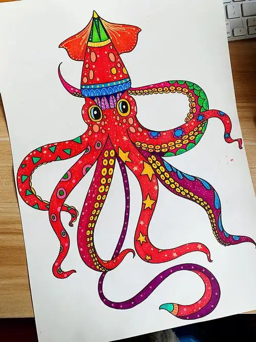 马克笔原创儿童绘画内容优雅的乌贼