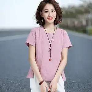 夏装棉麻上衣女装短袖微胖女人遮肚宽松t恤女显瘦亚麻棉百搭中年t