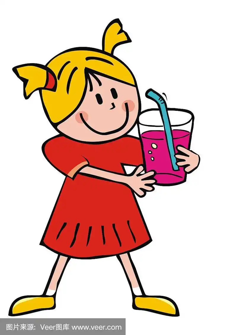 小女孩用饮料,矢量插图