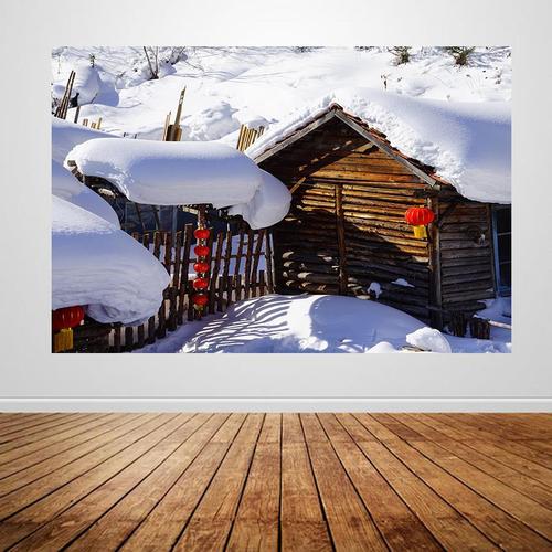 中国黑龙江东北冬日雪景海报画夜景小村庄雪乡房屋建筑风景贴画12