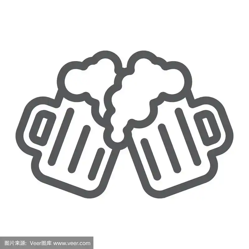 两杯啤酒线图标,圣帕特里克节和酒精,祝酒啤酒杯标志,矢量图形,白色