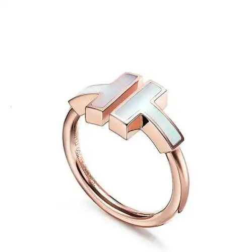 蒂芙尼 经典tiffany t系列18k金玫瑰金镶嵌珍珠母贝t形图案wire戒指