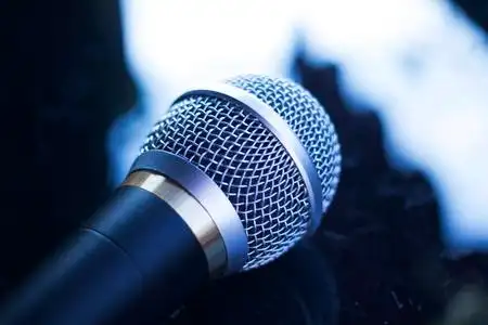 演讲迈克歌手音乐会舞台手拿麦克风唱歌和演讲或配音.照片