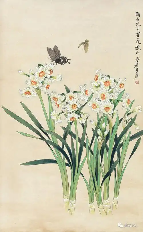 善花鸟,早年由恽南田,陈老莲花鸟入手,后上宗宋元工笔画法,所