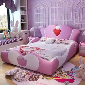 儿童床女孩公主床粉色 实木带护栏 储藏单人床拼接少女 卡通皮床