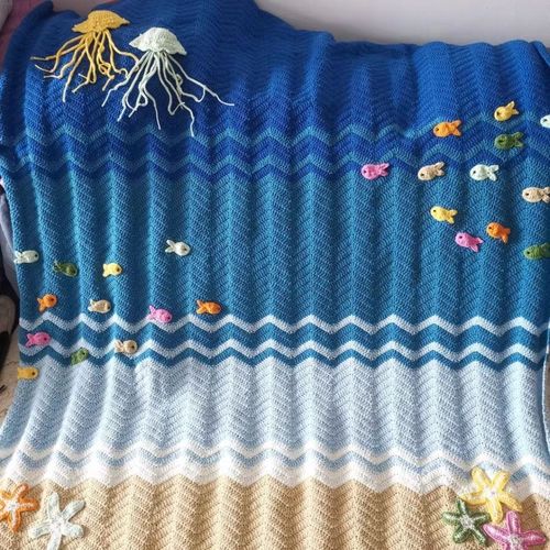 手工编织海洋世界毯子材料包地毯成人编织diy送编织宝宝教程毛线