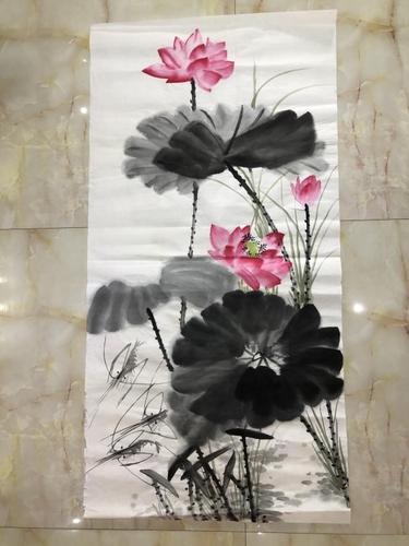 福寿康宁荷花虾纯手绘写意花鸟字画国画客厅玄关卧室装饰画心