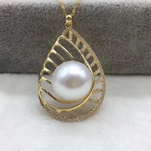 18k金镶嵌13-14毫米天然南洋进口海水白珍珠吊坠 强光.