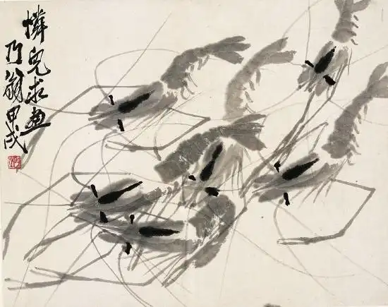 齐白石 六虾图 27×33cm   水墨纸本 镜框   估价:150,000-250,000