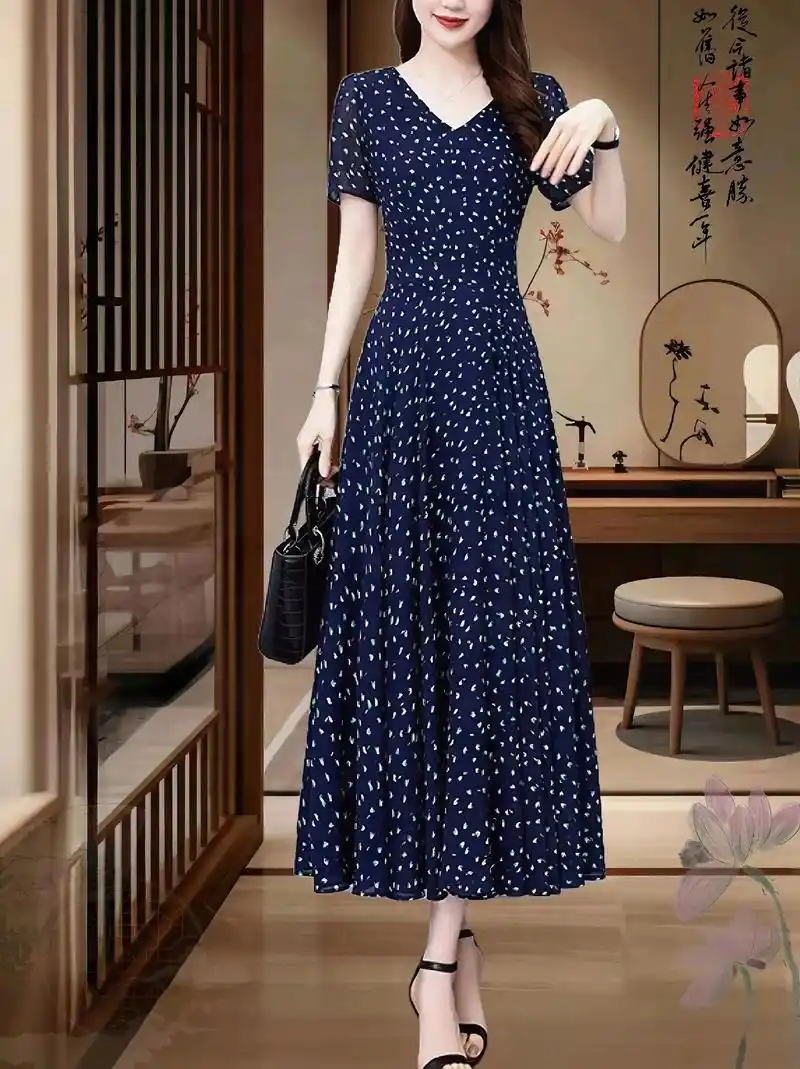 高档贵夫人碎花真丝雪纺碎花连衣裙