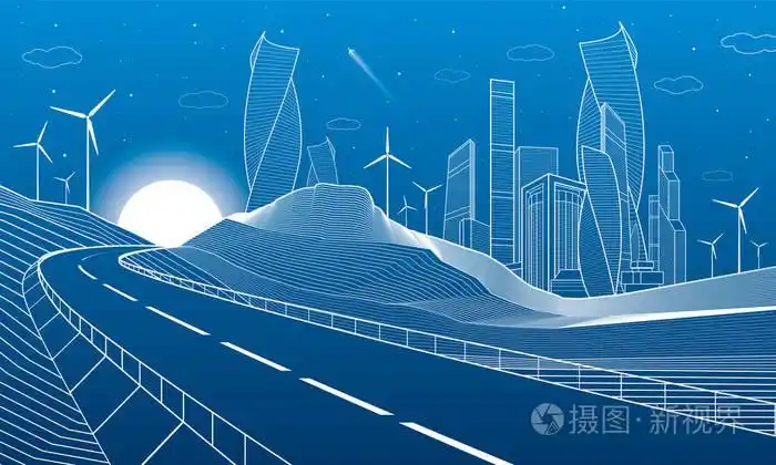 塔和摩天大楼,现代化的城市,商业建筑.夜景.在蓝色背景上的白色线条.