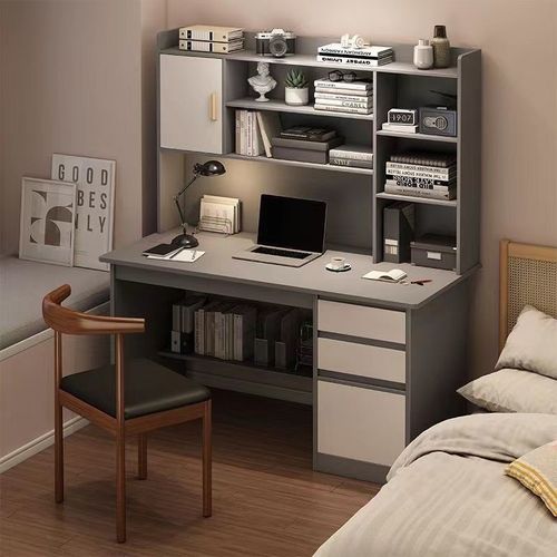 书桌卧室写字桌带书架书柜抽屉一体学习桌椅有线孔台式电脑桌