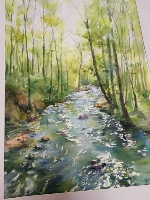 春天的树与水,树新绿,#水彩画#水彩风景  枝叶还不算茂盛