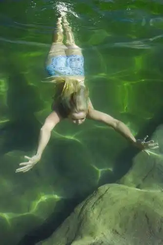 游泳,西方人,一个人,举,竖图,俯视,室外,白天,泳装,比基尼,湖,湖泊