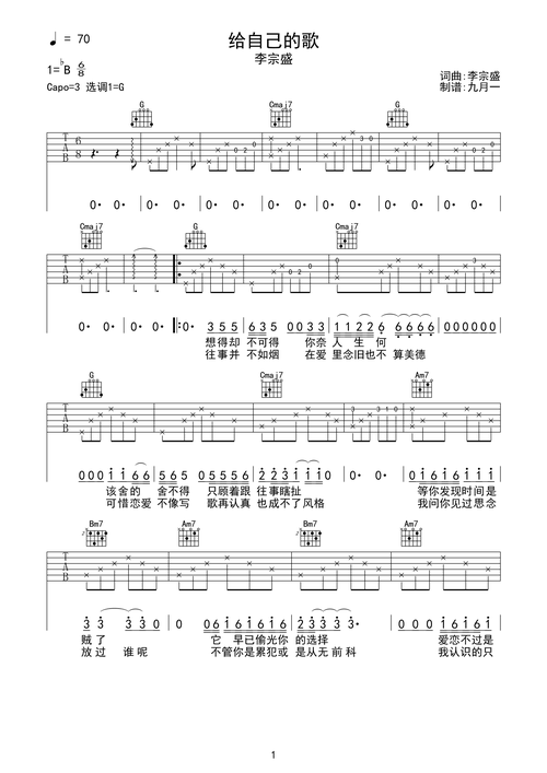 给自己的歌-李宗盛 完美g调完整版吉他谱g调六线pdf谱吉他谱-虫虫吉他