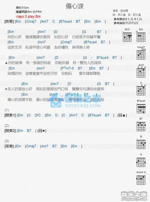 孙淑媚伤心泪吉他谱g调吉他弹唱谱和弦谱