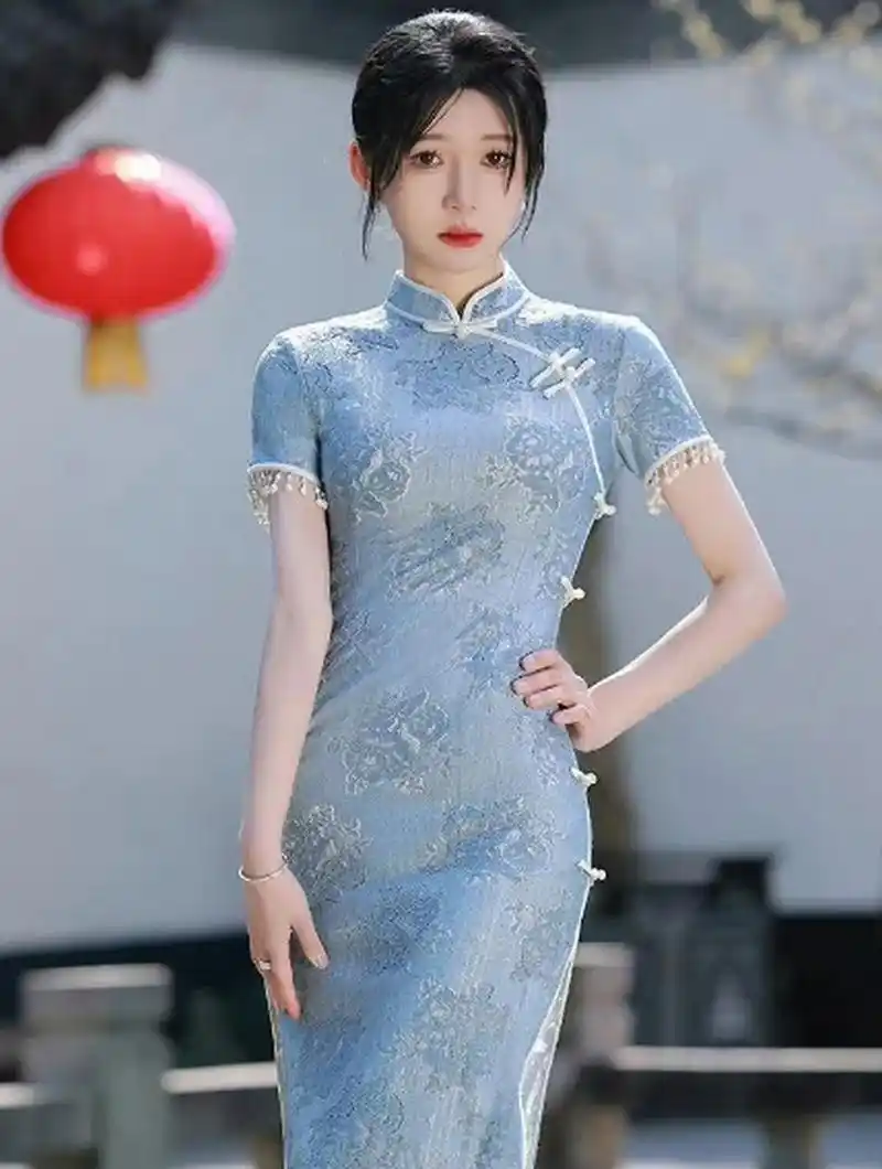 高级感少女流苏蓝色旗袍,年轻改良版长款连衣裙