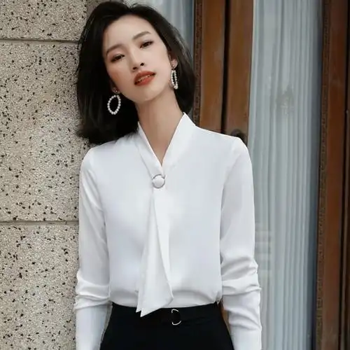 职业衬衫女长袖气质v领面试工作服女工装正装职业装 女装飘带衬衫
