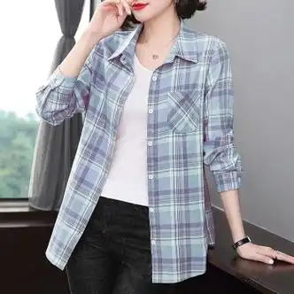霏皖纯棉中长款衬衫女秋装女2023秋冬宽松显瘦衬衣长袖上衣外套蓝色格