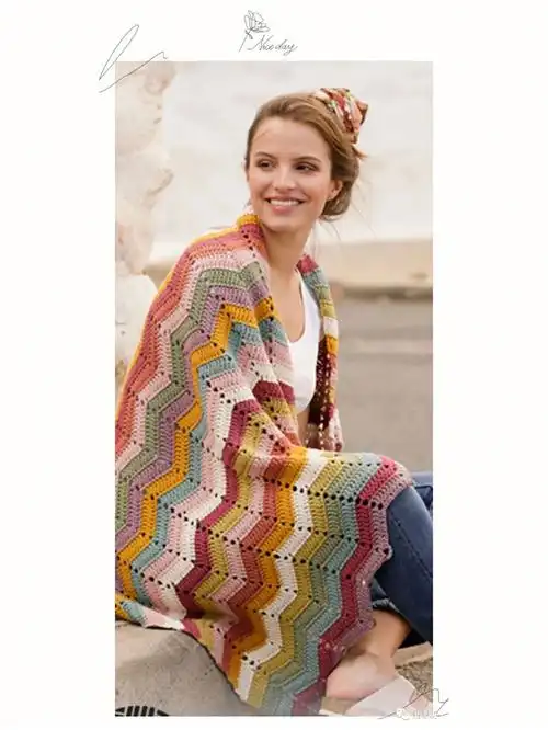 钩针波浪纹彩虹毯
