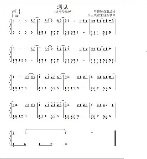 歌曲《遇见》的数字钢琴谱