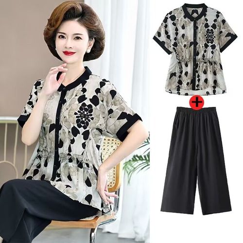 高档妈妈夏装套装女洋气短袖衬衫中老年女装夏季薄开衫上衣两件套