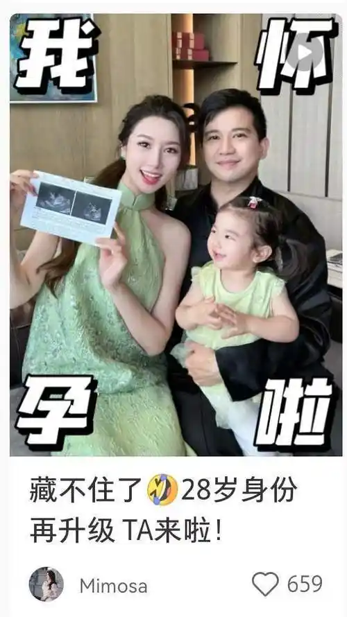 嘉芸在社交平台上分享了一张全家福照片,并宣布了自己怀上二胎的喜讯